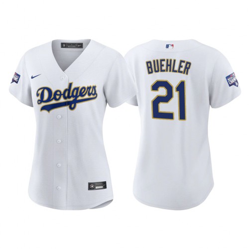 Los Angeles Los Angeles Dodgers #21 Walker Buehler Women’s Nike 2021 Gold Program World Series Champions MLB Jersey Whtie Womens