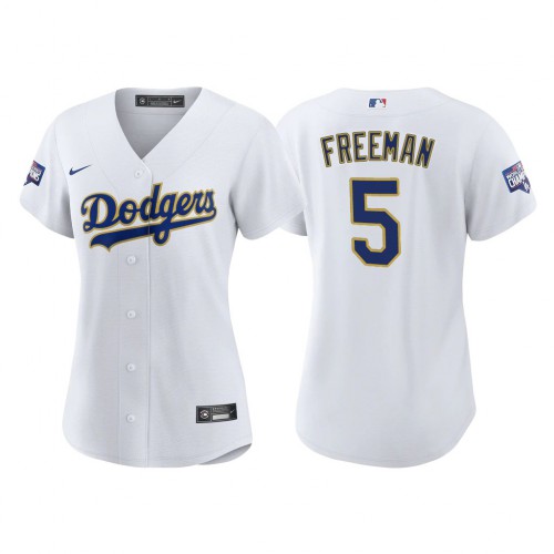 Los Angeles Los Angeles Dodgers #5 Freddie Freeman Women’s Nike 2021 Gold Program World Series Champions MLB Jersey – Whtie Womens
