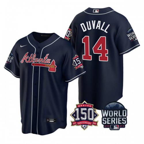 Atlanta Atlanta Braves #14 Adam Duvall Nike 150th Anniversary 2021 World Series Youth MLB Jersey – Navy Youth->youth mlb jersey->Youth Jersey