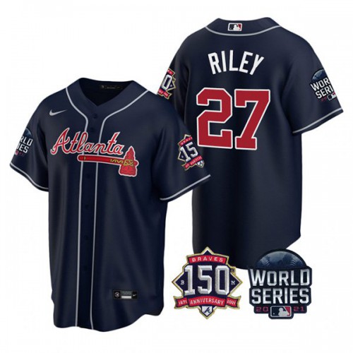 Atlanta Atlanta Braves #27 Austin Riley Nike 150th Anniversary 2021 World Series Youth MLB Jersey – Navy Youth->youth mlb jersey->Youth Jersey