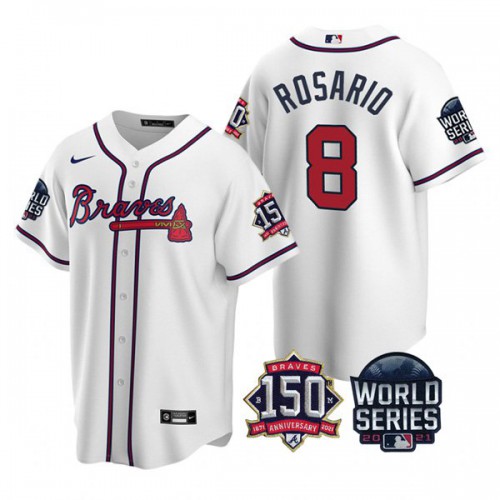 Atlanta Atlanta Braves #8 Eddie Rosario Nike 150th Anniversary 2021 World Series Youth MLB Jersey – White Youth->youth mlb jersey->Youth Jersey