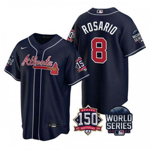 Atlanta Atlanta Braves #8 Eddie Rosario Nike 150th Anniversary 2021 World Series Youth MLB Jersey – Navy Youth->youth mlb jersey->Youth Jersey