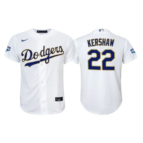 Los Angeles Los Angeles Dodgers #22 Clayton Kershaw Youth Nike 2021 Gold Program World Series Champions MLB Jersey Whtie Youth