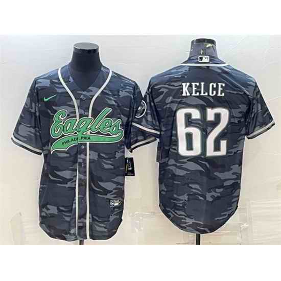 Men Philadelphia Eagles #62 Jason Kelce Grey Camo With Patch Cool Base Stitched Baseball Jersey