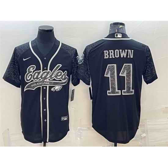 Men Philadelphia Eagles #11 A  J  Brown Black Reflective With Patch Cool Base Stitched Baseball Jersey