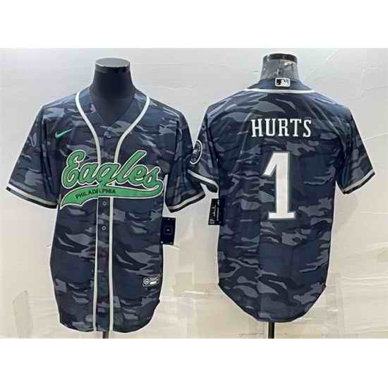 Men Philadelphia Eagles #1 Jalen Hurts Grey Camo With Patch Cool Base Stitched Baseball Jersey