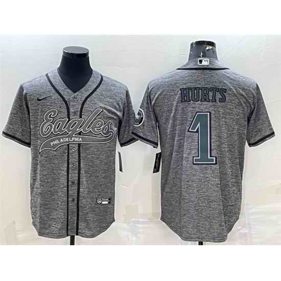 Men Philadelphia Eagles #1 Jalen Hurts Grey With Patch Cool Base Stitched Baseball Jersey