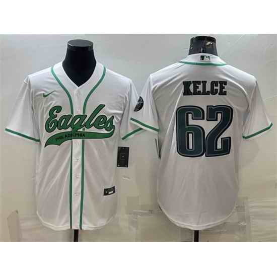 Men Philadelphia Eagles #62 Jason Kelce White With Patch Cool Base Stitched Baseball Jersey