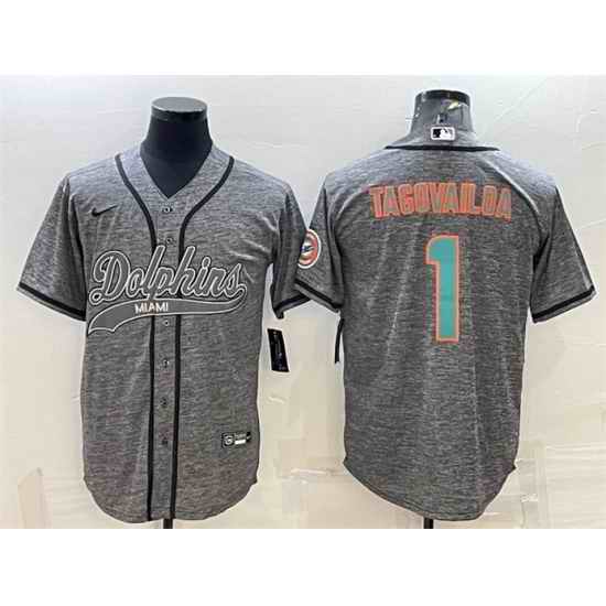 Men Miami Dolphins #1 Tua Tagovailoa Grey With Patch Cool Base Stitched Baseball Jersey