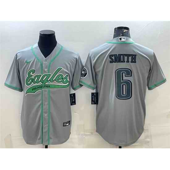 Men Philadelphia Eagles #6 DeVonta Smith Gray With Patch Cool Base Stitched Baseball Jersey