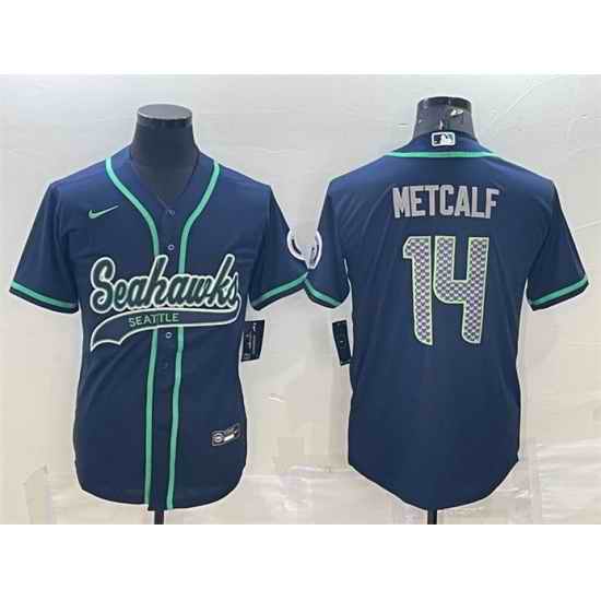 Men Seattle Seahawks #14 DK Metcalf Navy With Patch Cool Base Stitched Baseball Jersey