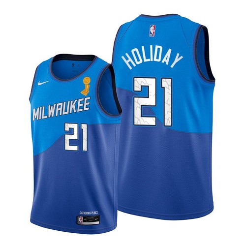 Nike Milwaukee Bucks #21 Jrue Holiday Women’s 2021 NBA Finals Champions City Edition Jersey Blue Womens->women nba jersey->Women Jersey