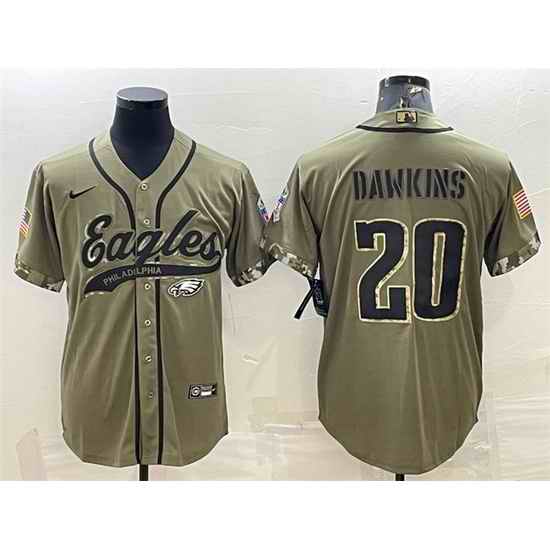 Men Philadelphia Eagles #20 Brian Dawkins Olive 2022 Salute To Service Cool Base Stitched Baseball Jersey