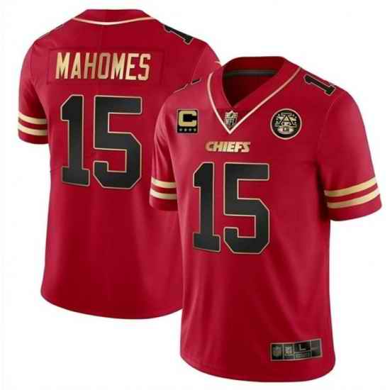 Men Kansas City Chiefs #15 Patrick Mahomes Red Gold With C Patch Stitched Football Jersey