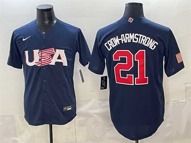 Mens USA #21 Pete Crow-Armstrong Navy World Baseball Classic Stitched Jersey