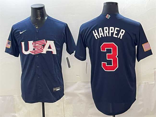 Mens USA #3 Bryce Harper Navy World Baseball Classic Stitched Jersey