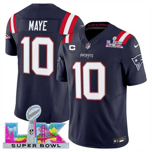 Mens New England Patriots #10 Drake Maye Navy 2025 F.U.S.E. Super Bowl LX Patch And 1-Star C Patch Vapor Limited Stitched Jersey