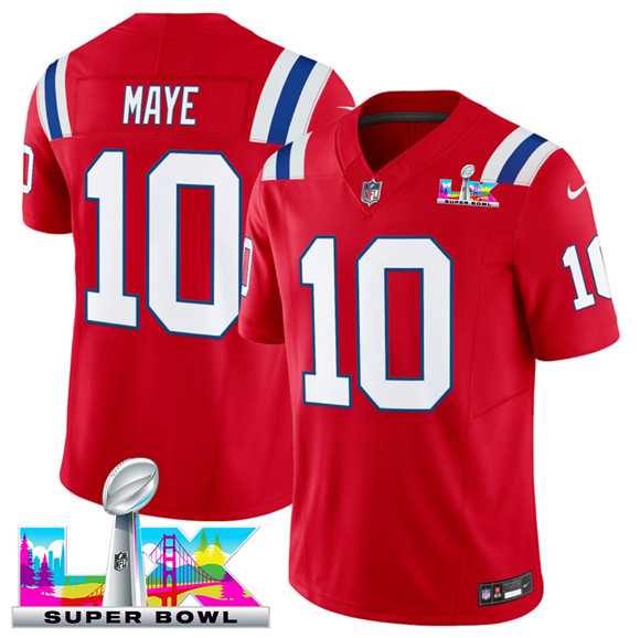 Mens New England Patriots #10 Drake Maye Red 2025 F.U.S.E. Super Bowl LX Patch Vapor Limited Stitched Jersey