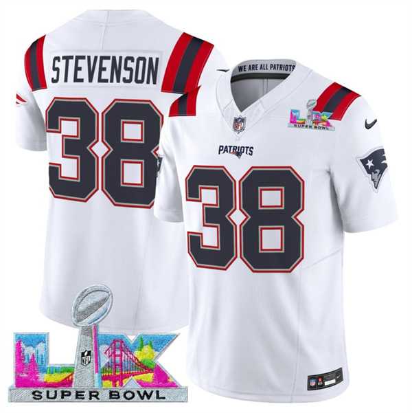 Mens New England Patriots #38 Rhamondre Stevenson White 2025 F.U.S.E. Super Bowl LX Patch Vapor Limited Stitched Jersey