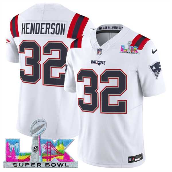 Mens New England Patriots #32 TreVeyon Henderson White 2025 F.U.S.E. Super Bowl LX Patch Vapor Limited Stitched Jersey