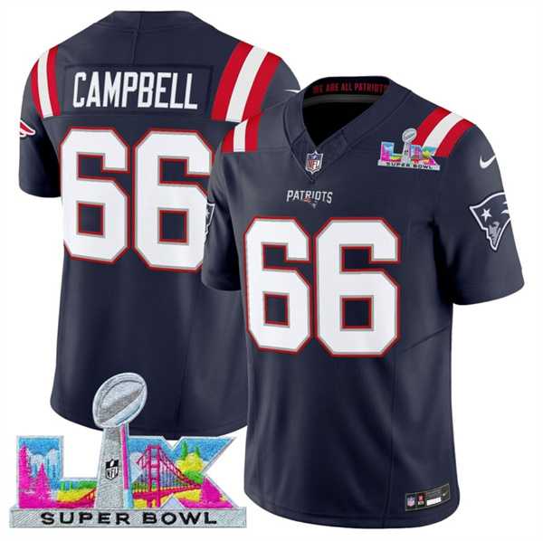 Mens New England Patriots #66 Will Campbell Navy 2025 F.U.S.E. Super Bowl LX Patch Vapor Limited Stitched Jersey