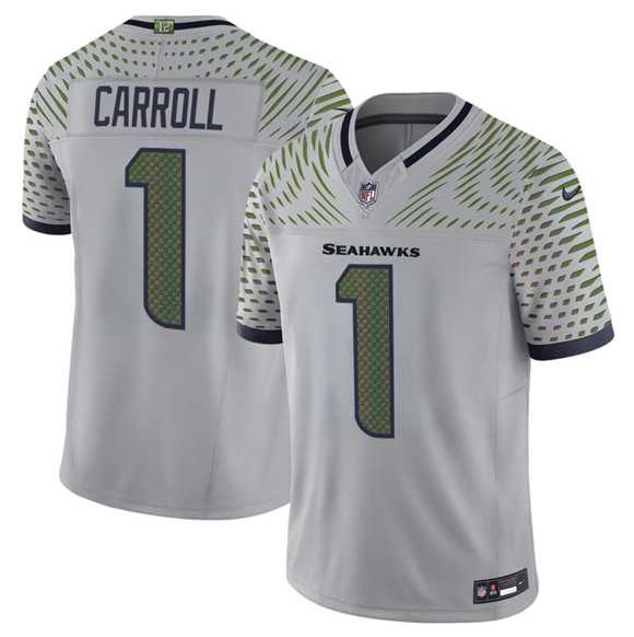 Mens Seattle Seahawks #1 Pete Carroll Gray 2025 F.U.S.E. Rivalries Vapor Untouchable Limited Stitched Jersey