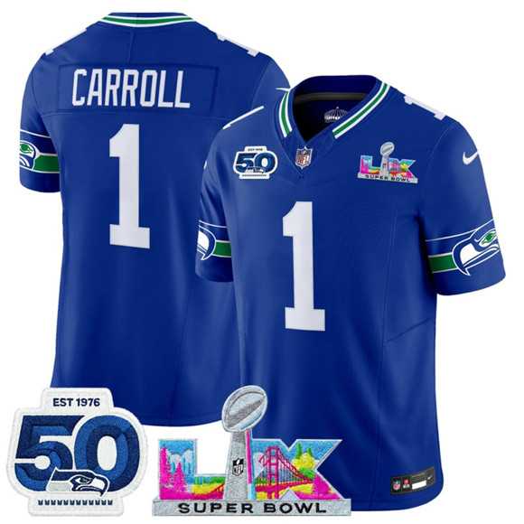 Mens Seattle Seahawks #1 Pete Carroll Royal 2025 F.U.S.E. Super Bowl LX Patch And 50th Season Patch Vapor Throwback Limited Stitched Jersey