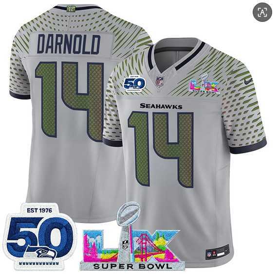 Mens Seattle Seahawks #14 Sam Darnold Gray 2025 F.U.S.E. Super Bowl LX Patch And 50th Season Patch Rivalries Vapor Limited Stitched Jersey