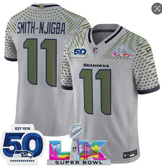 Mens Seattle Seahawks #11 Jaxon Smith-Njigba Gray 2025 F.U.S.E. Super Bowl LX Patch And 50th Season Patch Rivalries Vapor Limited Stitched Jersey