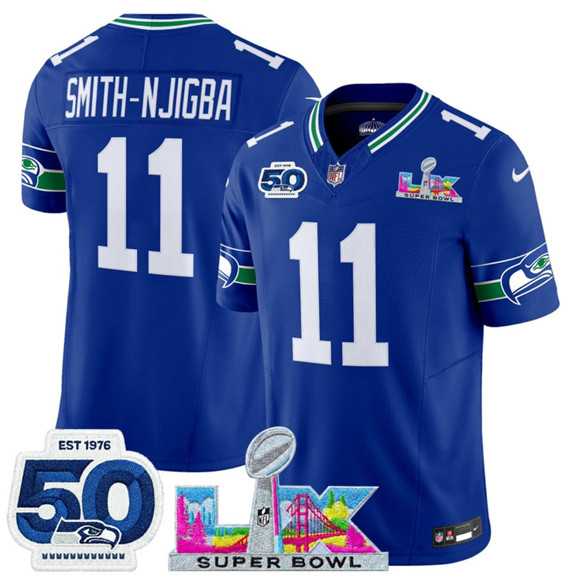 Mens Seattle Seahawks #11 Jaxon Smith-Njigba Royal 2025 F.U.S.E. Super Bowl LX Patch And 50th Season Patch Vapor Throwback Limited Stitched Jersey