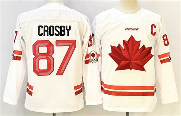 Mens Canada Hockey #87 Sidney Crosby White With C Patch Stitched Jersey