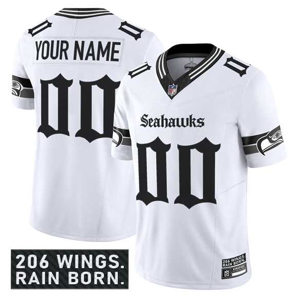 Mens Seattle Seahawks Active Player Custom White 2025 F.U.S.E. Gothic Rain City Shadows Edition Vapor Limited Stitched Jersey