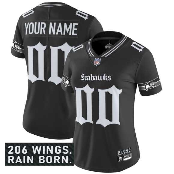 Womens Seattle Seahawks Active Player Custom Black 2025 F.U.S.E. Gothic Rain City Shadows Edition Vapor Untouchable Limited Football Stitched Jersey