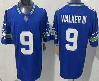Mens Seattle Seahawks #9 Kenneth Walker III Limited Blue FUSE Vapor Stitched Jersey