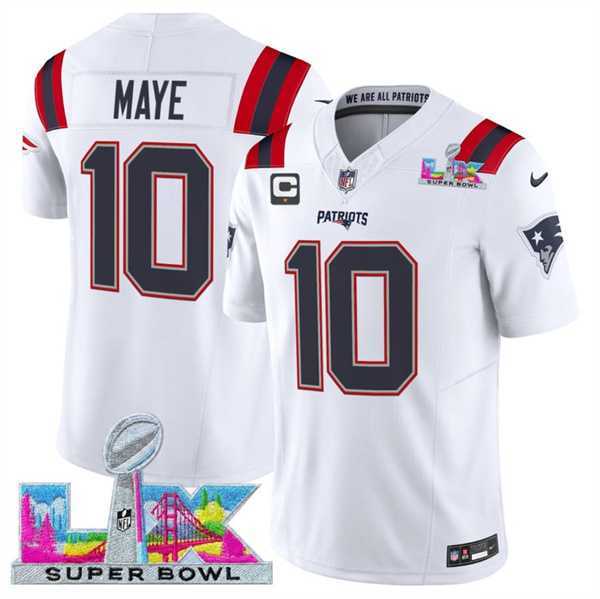 Mens New England Patriots #10 Drake Maye White 2025 F.U.S.E. Super Bowl LX Patch And 1-Star C Patch Vapor Limited Stitched Jersey