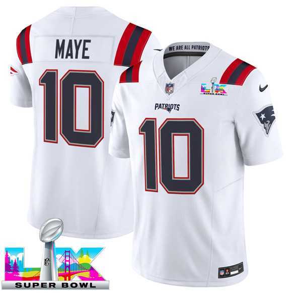 Mens New England Patriots #10 Drake Maye White 2025 F.U.S.E. Super Bowl LX Patch Vapor Limited Stitched Jersey