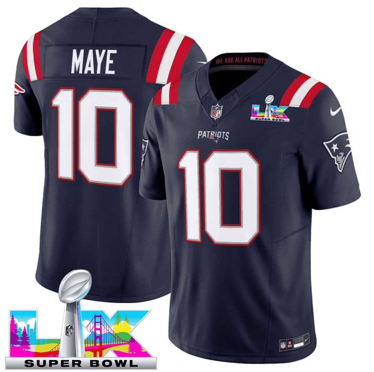 Mens New England Patriots #10 Drake Maye Navy 2025 F.U.S.E. Super Bowl LX Patch Vapor Limited Stitched Jersey