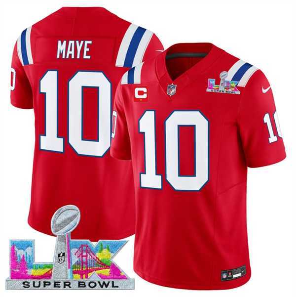 Mens New England Patriots #10 Drake Maye Red 2025 F.U.S.E. Super Bowl LX Patch And 1-Star C Patch Vapor Limited Stitched Jersey