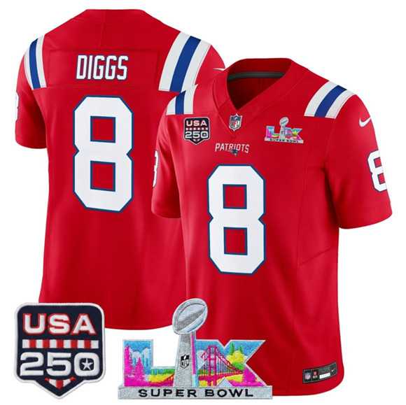 Mens New England Patriots #8 Stefon Diggs Red 2025 F.U.S.E. Super Bowl LX Patch And USA 250 Patch Vapor Limited Stitched Jersey