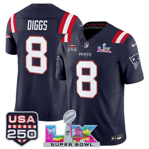Mens New England Patriots #8 Stefon Diggs Navy 2025 F.U.S.E. Super Bowl LX Patch And USA 250 Patch Vapor Limited Stitched Jersey