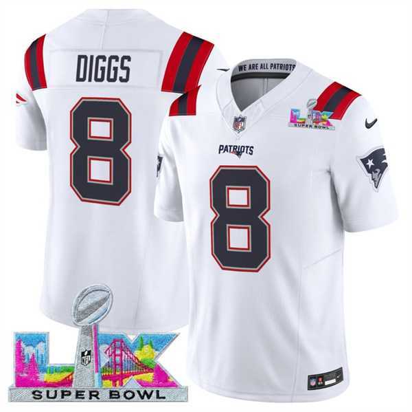 Mens New England Patriots #8 Stefon Diggs White 2025 F.U.S.E. Super Bowl LX Patch Vapor Limited Stitched Jersey