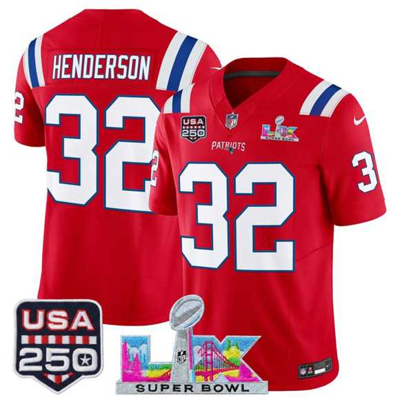 Mens New England Patriots #32 TreVeyon Henderson Red 2025 F.U.S.E. Super Bowl LX Patch And USA 250 Patch Vapor Limited Stitched Jersey