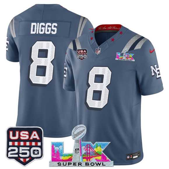 Mens New England Patriots #8 Stefon Diggs Storm Blue 2025 F.U.S.E. Super Bowl LX & USA 250 Patch Rivalries Vapor Limited Stitched Jersey