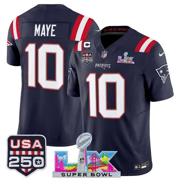 Mens New England Patriots #10 Drake Maye Navy 2025 F.U.S.E. 1-Star C Patch And Super Bowl LX Patch & USA 250 Patch Vapor Limited Stitched Jersey