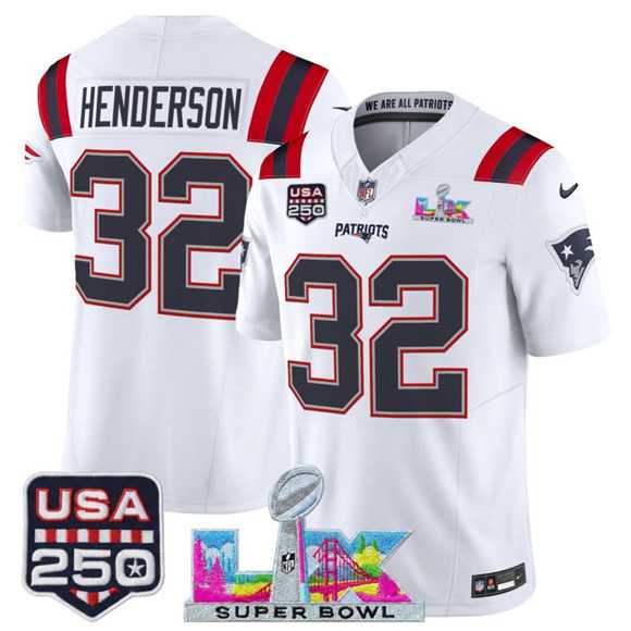 Mens New England Patriots #32 TreVeyon Henderson White 2025 F.U.S.E. Super Bowl LX Patch And USA 250 Patch Vapor Limited Stitched Jersey