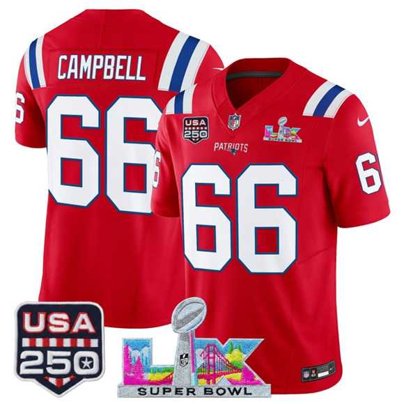 Mens New England Patriots #66 Will Campbell Red 2025 F.U.S.E. Super Bowl LX Patch And USA 250 Patch Vapor Limited Stitched Jersey