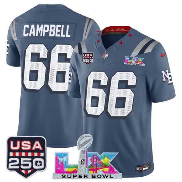 Mens New England Patriots #66 Will Campbell Storm Blue 2025 F.U.S.E. Super Bowl LX & USA 250 Patch Rivalries Vapor Limited Stitched Jersey