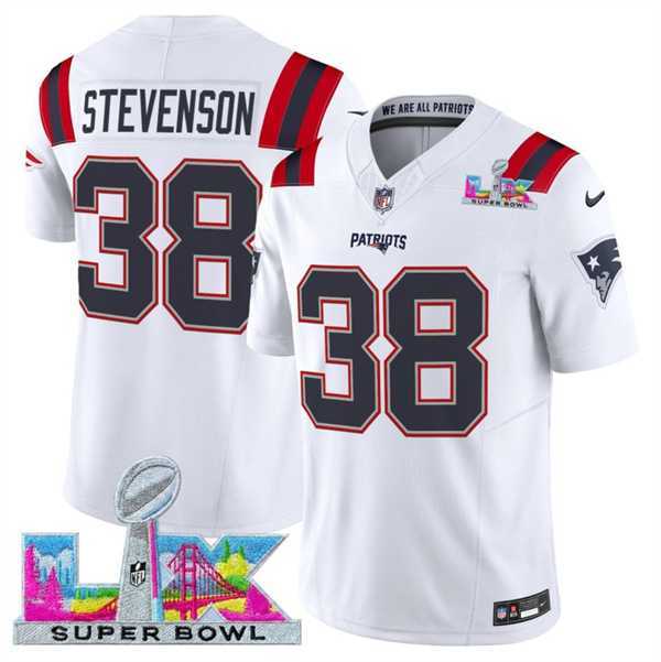 Mens New England Patriots #38 Rhamondre Stevenson White 2025 F.U.S.E. Super Bowl LX Patch Vapor Limited Stitched Jersey