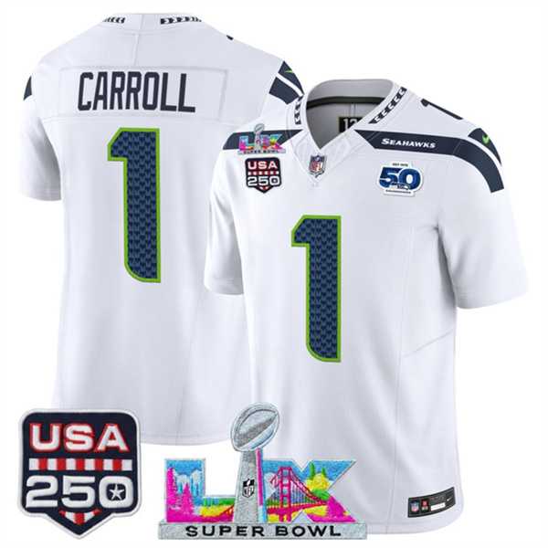 Mens Seattle Seahawks #1 Pete Carroll White 2025 F.U.S.E. Super Bowl LX Patch And 50th Season & USA 250 Patch Vapor Limited Stitched Jersey