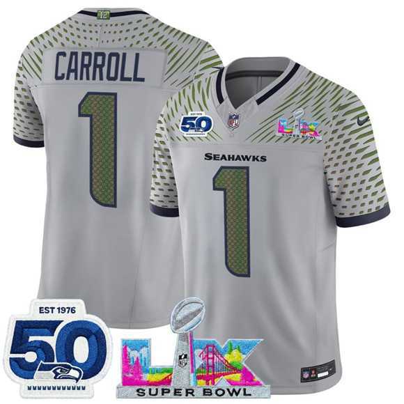 Mens Seattle Seahawks #1 Pete Carroll Gray 2025 F.U.S.E. Super Bowl LX Patch And 50th Season Patch Rivalries Vapor Limited Stitched Jersey